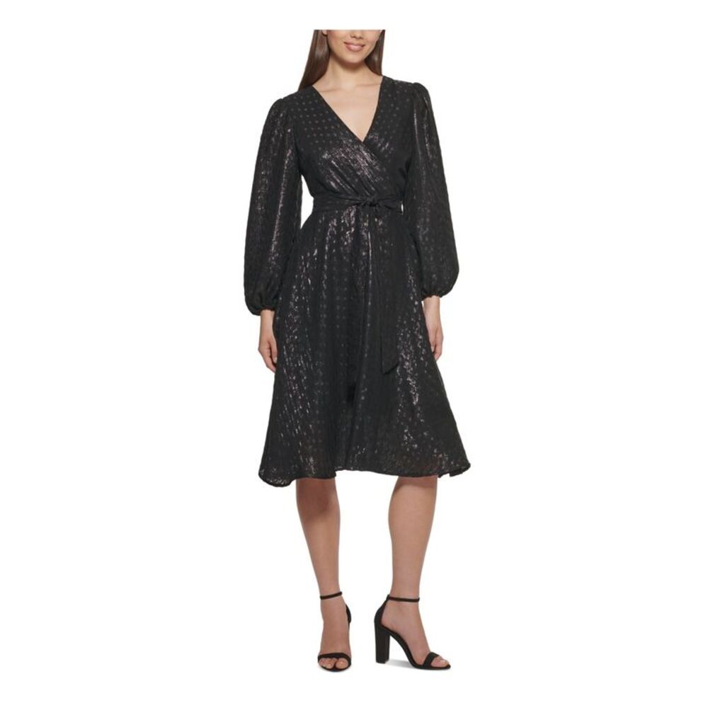 NWT KENSIE DRESSES Womens Black Belted Long Sleeve Fit + Flare Dress 0